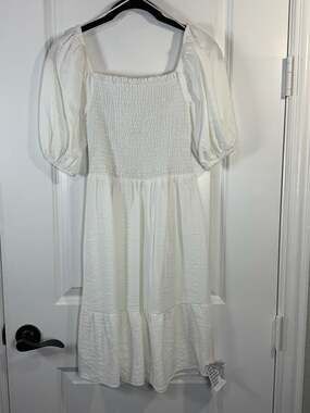 Topshop White Smocked Puff Sleeve Lace-Up Back Mini Dress Size US 4